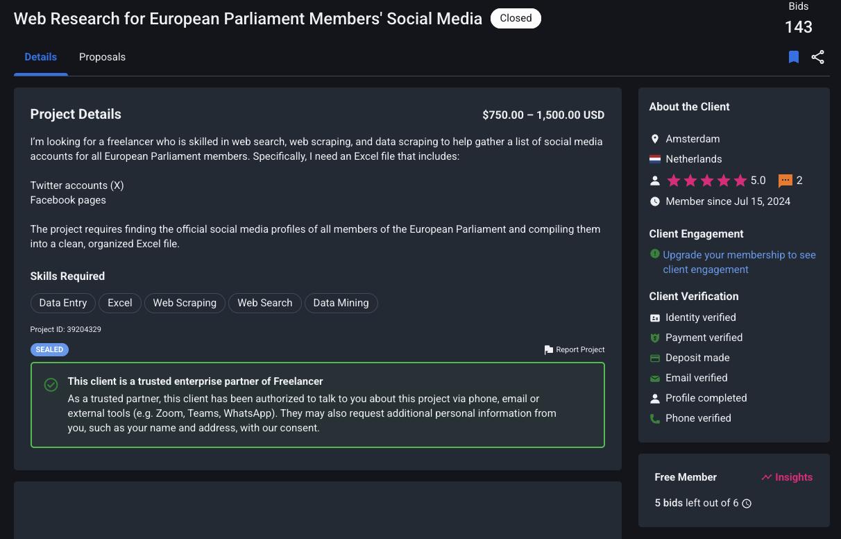 Project details on Freelancer